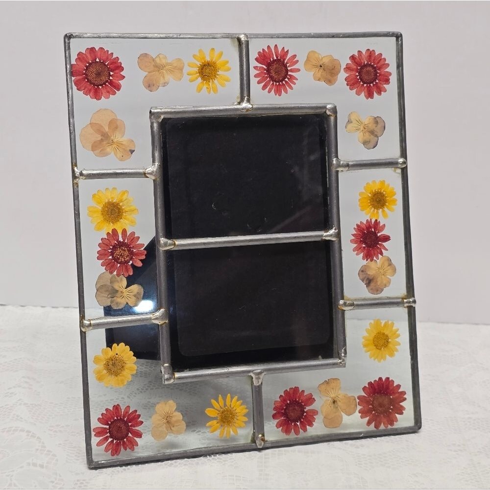 Vintage Stained Glass Pressed Dried Flowers  Picture Frame Cottage Summer Boho